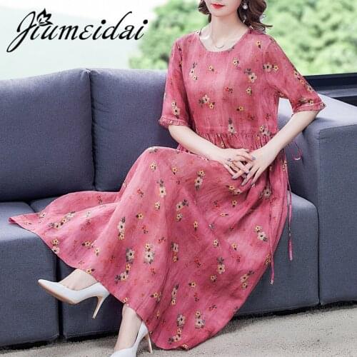 JiuMeiDai 2021 Women Summer A-Line Dress Office Lady Elegant Floral Printed Long Dresses Female Fahion O-Neck Party Clothing