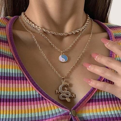 Vintage Punk Rhinestone Dragon Pendant Necklaces Women Multilayer Twisted Thick Chains Geometric Tai Chi Necklace Colar Jewelry