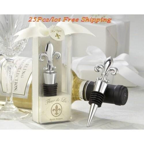 25 Pieces/lot) Practical Wedding favors of Fleur de Lis Chrome Bottle Wine Stopper for Flower themed Wedding and Party Favors
