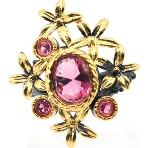 27x25mm Neo-Gothic Created 6.3g Pink Tourmaline For Women Daily Wear Black Gold Silver Rings Punk Hollow