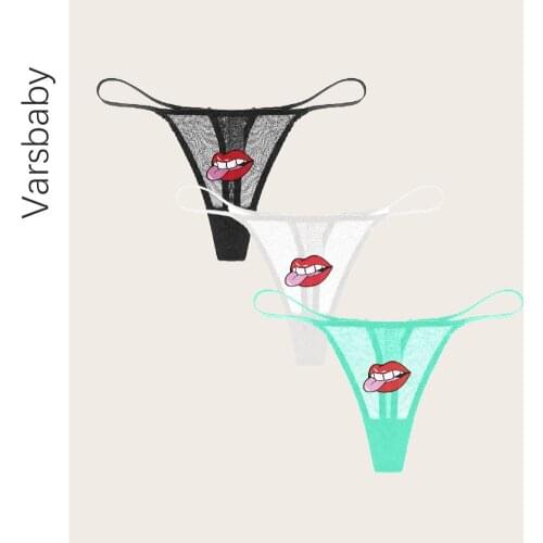 Varsbaby 3Pcs Lip Stickers Thong Sexy Lace Panties See Through Low-Rise G-string Female Seamless Underwear S M L XL 2XL