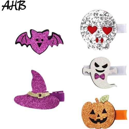 AHB Funny Glitter Hair Clips for Girls Fashion Barrettes Halloween Smile Pumpkin/Skull Party Props Hairpin Kids Headwear
