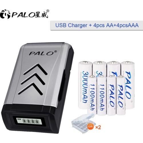 PALO 1.2V 3000mAh AA Rechargeable Battery+1100mAh AAA Battery NI-MH AA AAA Rechargeable Battery with LCD USB Battery Charger