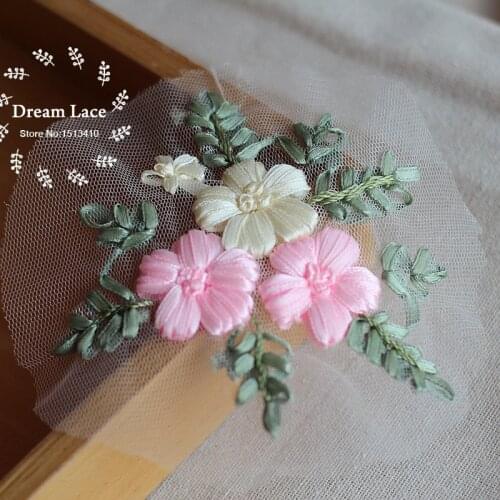 Free shipping (4pieces/lot) 3D Ribbon Sewing Floral Flower Motif Lace Applique ,Wedding Bridal Embroidery Lace patch