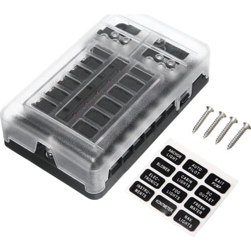 DC 12-32V 100A 12 Way Fuse Box Car Truck Boat Bus Power Distribution Block Double Busbars 12-way Fuse Box with screws&labels