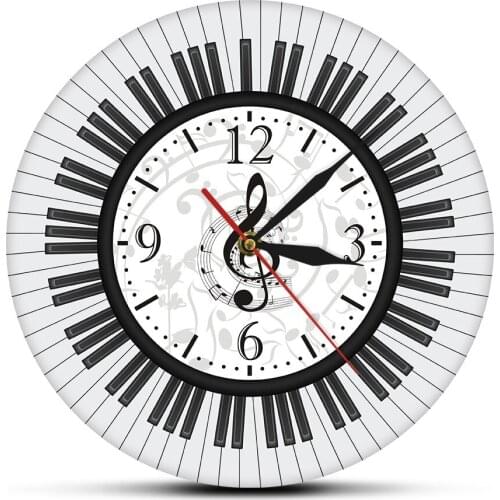 Music Piano Keyboard Print Clock Wall Round Black White Music Notes Key Quartz Watch Reloj De Pared Modern Design Musician Gift