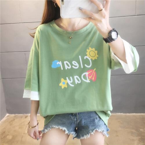 Korean style T Shirt summer Women Short Sleeve Casual letter printed t-shirts girls big size tshirt Loose cotton streetwear tops