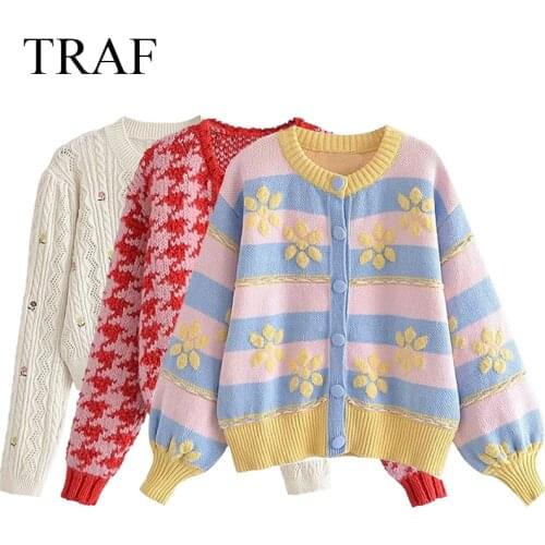 TRAF ZA Cardigan Fashion Long Sleeve Chic Sweater Top Button-Up Vintage Woman Clothes Casual Color Contrast Cardigan Outerwear