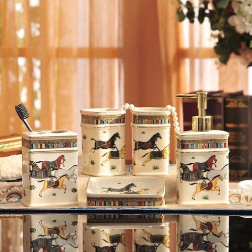 Ceramics Bathroom Accessories Set Bath Toiletries Soap Dispenser/Dish Toothbrush Holder/Rack Gargle Cups 5 Pieces Wedding Gifts