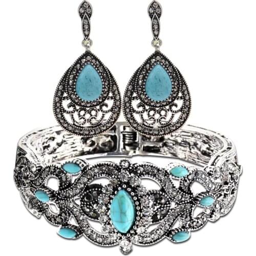 Classic Women Bangle Cuff Dangle Earrings Hollow Flower Drop Earrings Bracelet Antique Color India Bride Wedding Jewelry Sets