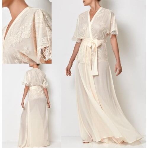 Lace Chiffon Bathrobe Custom Made Floor Length Nightgown Mid Length Sleeves with Sash Pajamas Sleepwear