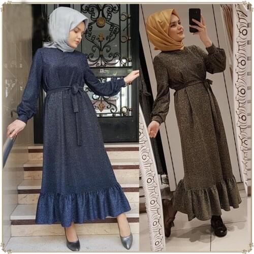 Fashion Muslim Women Abaya Knit Glitter Long Maxi Dress Ruffle Party Gown Vintage Turkish Kaftan Dubai Jilbab Islamic Clothing