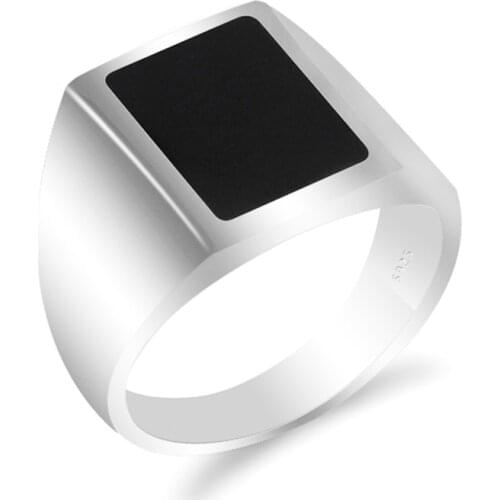 New Arrival 925 Sterling Silver Men Ring Rectangle Black Enamel Simple Finger Ring for Male Women Lovers Wedding Band Jewelry