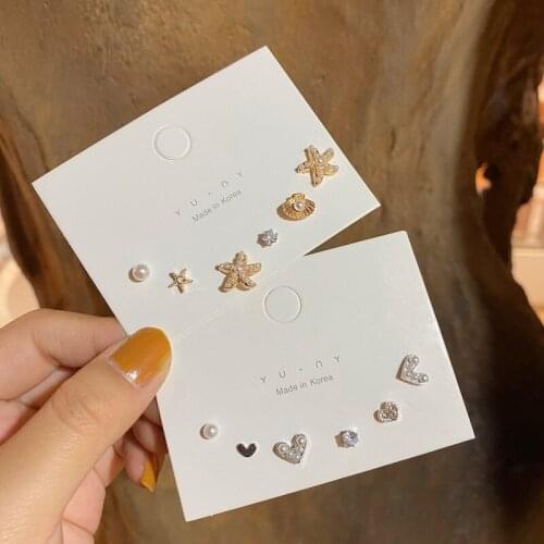 The New Pearl Starfish Love Earrings Three-Piece Set Combination Sweet And Exquisite S925 Romantic Grl Small Earring Trend
