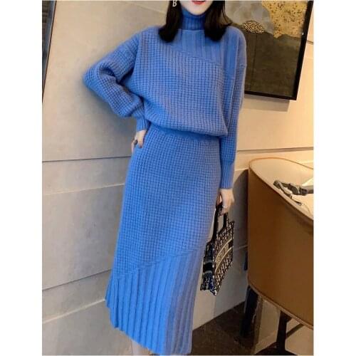 New 2021 Two Piece Set Women Long Sleeve Crop Tops+ Slim Skirt Bodycon Warm Spring 2 pieces set Elegant female sweater suit
