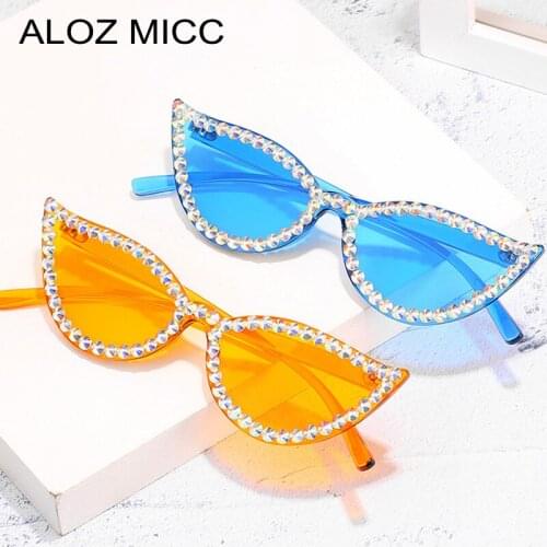 ALOZ MICC Small Cat eye Diamond Sunglasses Women Fashion Rhinestones Rimless Sun Glasses Blue Yellow Eyeglasses UV400 Glasses