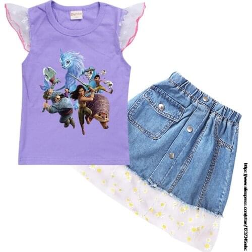 Raya and The Last Dragon Outfits for Girls Toddler Girl Anime Clothes T-shirt + Denim skirt 2pcs Set Girls Christmas Outfit