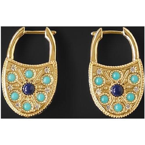 S925 Sterling Silver Lock Padlock Earrings Turquoise Star Earrings Trendy New Fashion Temperament Luxury Brand Monaco Jewelry