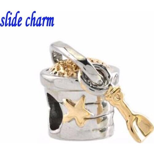 Slide charm Free shipping genuine silver color beads fit Pandora bracelets bucket charm bracelets and jewelry accessories