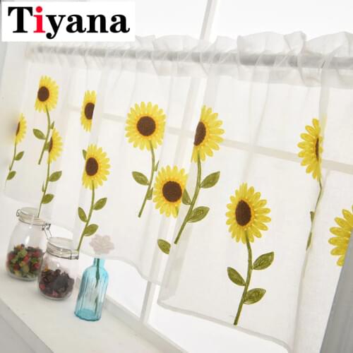 2 PCS Sheer Short Curtains For Kitchen Door Bay Window Embroidery Sunflower Lemon Rod Pocket Leave Half Curtain Partition DL186Z