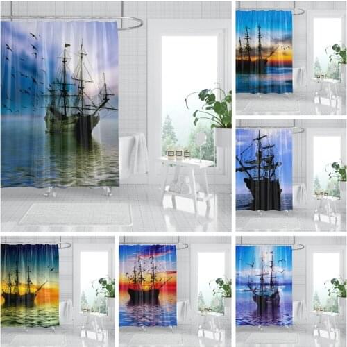 3D Sailboat Shower Curtain Waterproof Nautical Curtain Boat Ocean Bathroom Decor With Hooks Washable Polyester Curtain