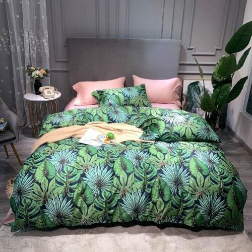 Green Palm Leaves INS Duvet Cover Set Fitted Sheet Egyptian Cotton Bedlinens 4pcs Queen King Bedding Set Size