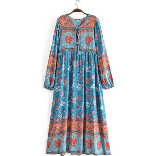European And American Womens Long Skirt 202 Spring And Summer New Holiday Style Printed Long-Sleeved Dress Ladies Casual Skirt