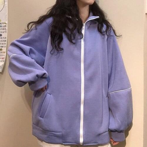 Purple Zip Loose Casual Oversized Sweatshirt Women Hoodies New Autumn Japanese Fashion Tops Pocket Chic Fall 2020 Women Clothing