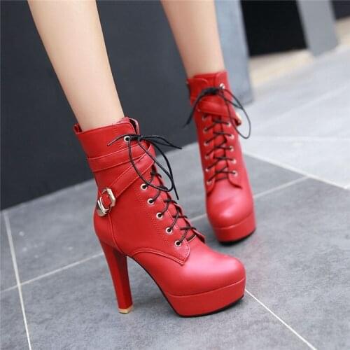 YMECHIC Fashion Autumn 2019 Platform High Heel Boots Cross Buckle Strap Lace Up Womens Shoes Motorcycle Ankle Boot Female Bootie