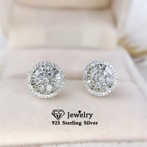 S925 Sterling Silver Stud Earrings For Women Cubic Zirconia Round Ladder Side Ear Studs Simple Bridal Wedding Jewelry CCE727