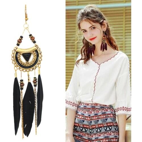 Antique Vintage Ethnic Boho Bohemian Dangle Earrings Statement Big Long Tassel Dreamcatcher Feather Drop Earrings for Women Gift