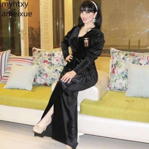 2020 New Arrival V Neck Plus Size Long Sleeve Evening Dress Black Sexy Cheap Reflective Party Gown Robe Soiree Dubai Dresses