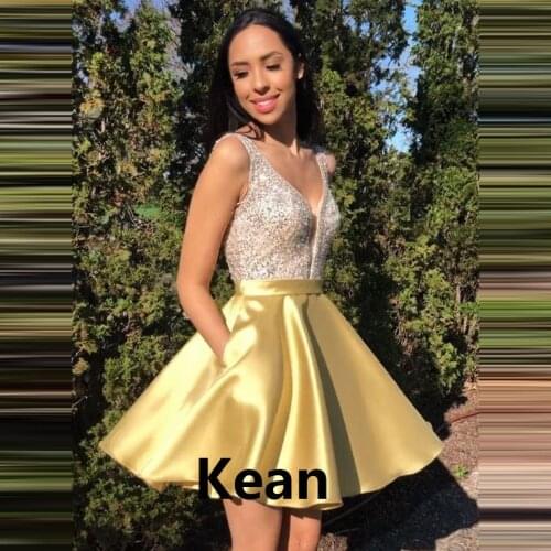 Gold Homecoming Dresses v-neck Backless Sequin Beads With Pocket Knee Length A-Line Illusion vetidos Elegant Cocktail Dresses