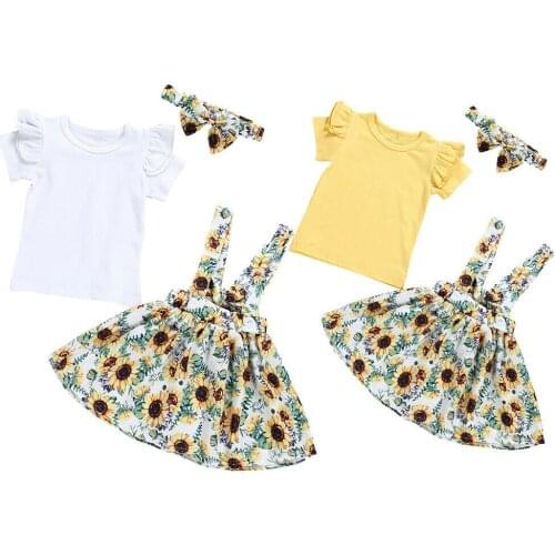 3PCS Toddler Kids Baby Girls T-shirt Tops+Skirt Dress Summer Outfits Clothes Set Floral Tops Skirt Outfit Set Clothes