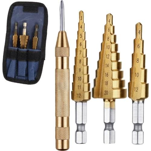4pcs/set HSS Step Drill Bits 3-12/4-12/4-20mm with Center Punch Drill Titanuim Coated Wood Metal Cone Drill Bit Hole Cutter Set