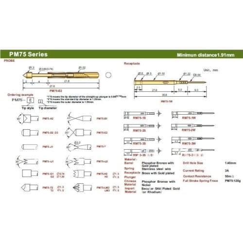 FREE SHIPPING 100PCS/LOT PM75-Q2 27.8MM TWO PART SPRING TEST PROBES POGO Pin Connector FOR PCB