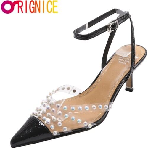 Orignice Elegant Women Pointed Toe Sandals Pearl Design Transparent PVC Cow Leather Hollow Ankle Strap High Heels Party Shoes
