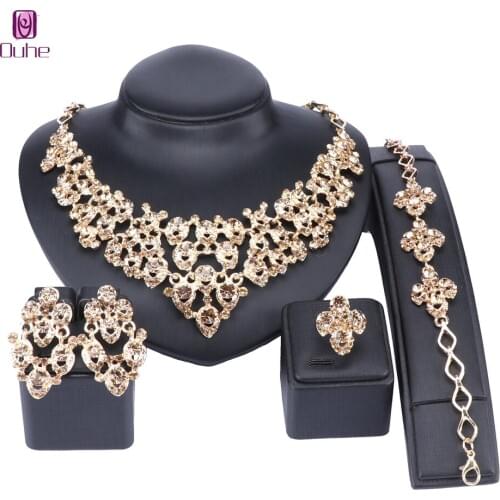 Dubai Gold Color Jewelry Set Fashion African Necklace Earrings Bracelet Ring for Women Bridal Party Costume Accessories