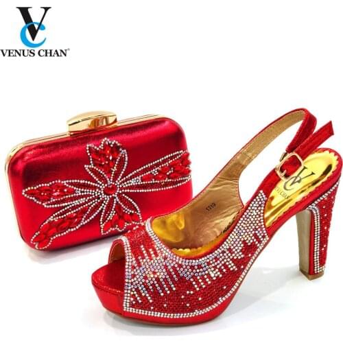 Red Color Italian Women Party Matching Shoes and Bag Set Retro Style 2021 Newest Design with Crystal for Royal Party