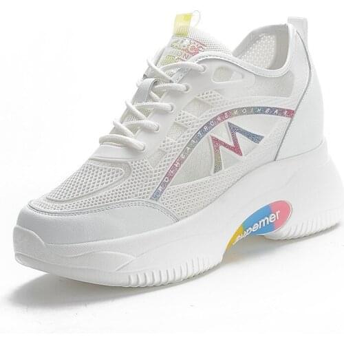 Krasovki 6cm Platform Heel 2cm Wedge Dad Shoes Chunky Sneakers for Women White Breathable Air Mesh Hollow Women Summer Shoes