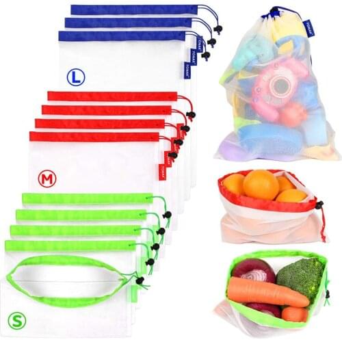 12pcs Reusable Produce Bags Washable Mesh Storage Bag for Food Vegetable Fruit Toys Travel Organization with Drawstring