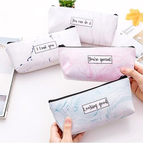 Kawai Marble Pencil Case Big Leather Pencil Bag Cute Pen Box For Kids Gift Stationery Office School Supplies