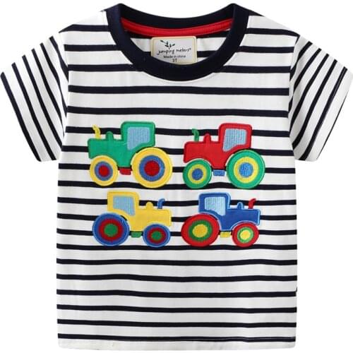 New Summer Cotton Boys Tees Tops With Cars Applique Hot Baby Stripe T shirts Embroidery Kids Clothing