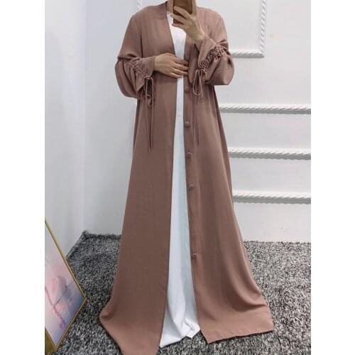 Women Buttoned Down Open Abaya Kimono Ruched Sleeves Muslim Modest Outwear Cardigans Duster Dubai Turkey Eid Plain Hijab Dress
