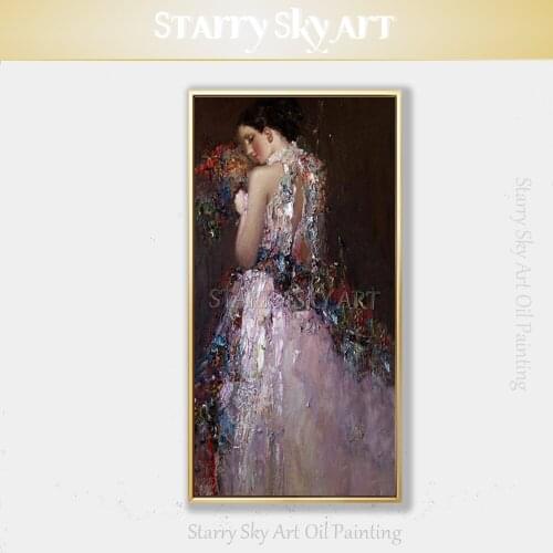 Hand-painted High Quality Beautiful Lady with Long Dress Oil Painting on Canvas Lady Portrait Knife Oil Painting for Wall Decor