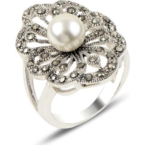 Silverlina Silver Pearl & Marcasite Ring