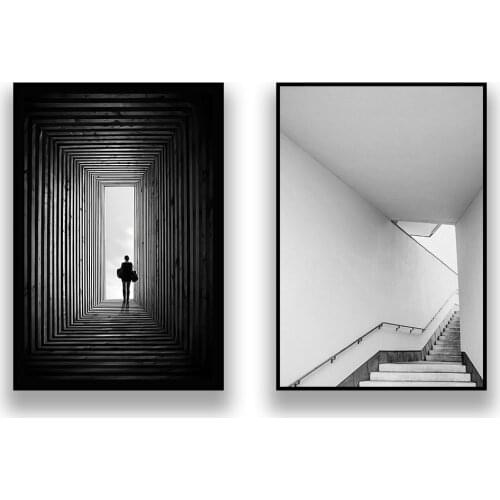 Nordic Black And White Architectural Staircase Canvas Painting Poster Modern Home Art Mural Living Room Bedroom Wall Decor