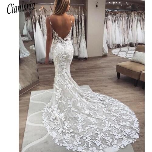 Beaded Pearls Spaghetti Strap Lace Wedding Dresses Gorgeous 3D-Floral Appliques Boho Bridal Gowns Zipper Low Back Trumpet