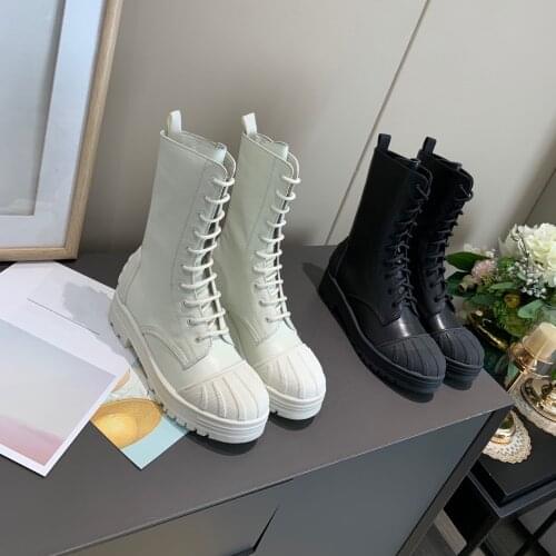 Women Shoes Autumn New Genuine Leather Martin Boots Round Toe Lace-up Platform Short Boots Woman Punk Botas De Mujer Size 34-41