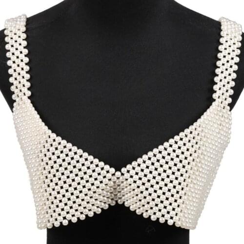 Womens Sexy Handmade Imitation Pearls Beading Crop Top Exterior Vest Hollow Out Grid Camisole Decoration Night Party Clubwear